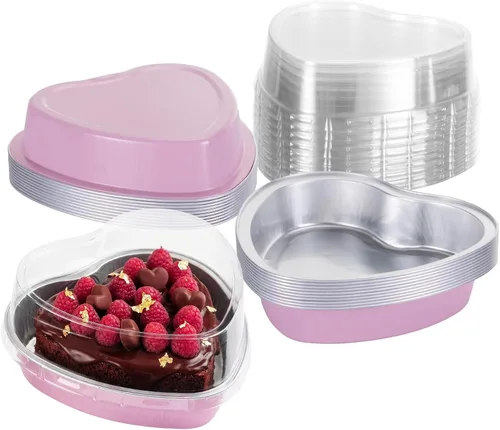 Vista 12 de Juego de 15 moldes para pasteles en forma de corazón con tapas, mini recipientes desechables de papel de aluminio para cupcakes de 22.7 onzas