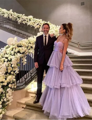 Vista 3 de Vestidos de graduación de tul para mujer, con volantes, lazo largo, tirantes delgados, corsé, escalonado, formal, vestidos de fiesta de noche