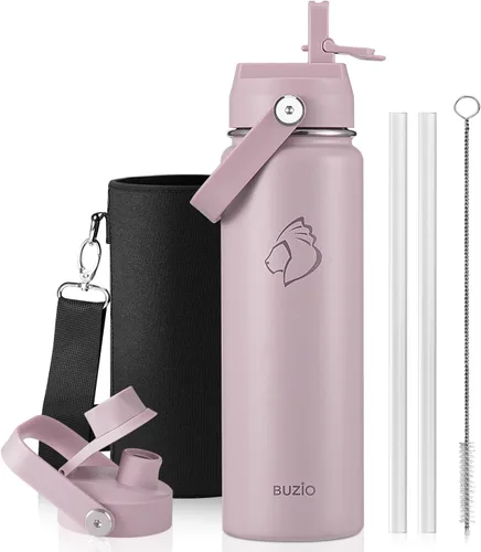 Vista 70 de BUZIO Botella de agua aislada de 24 oz, frasco de agua de boca ancha de acero inoxidable con tapa de pajita, frío durante 48 horas a prueba de Negro