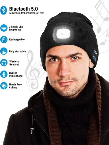 Vista 2 de Gorro Bluetooth con 4 luces LED, recargable por USB, con auriculares, gorro con altavoces estéreo y micrófono, para iluminar por la noche, gorro
