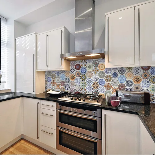 Vista 2 de Dundee Deco PG7031 Mosaico de retazos hexagonales de imitación multicolor, 3.2 pies x 1.6 pies, panel de pared 3D de PVC, decoración de paneles