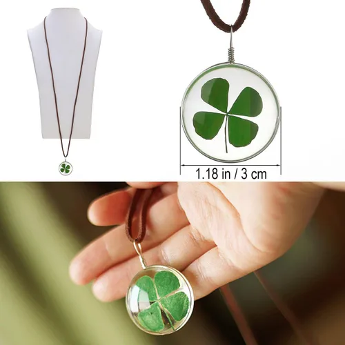 Vista 3 de LUOEM Collar con colgante ovalado de flores prensadas con hojas secas y trébol para mujeres y niñas, Cuero Resina, No es una piedra preciosa
