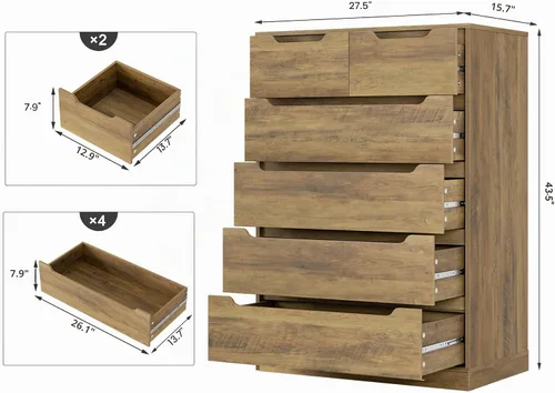 Vista 3 de HOSTACK Cómoda moderna de 6 cajones para dormitorio, cómoda alta con almacenamiento, organizadores de cofre grande de almacenamiento de madera