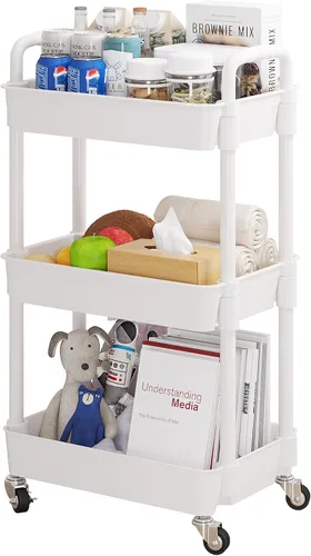 Vista 12 de UDEAR Carrito utilitario rodante de 3 niveles, estantes de almacenamiento multifuncionales con asa y ruedas con cerradura para habitación, oficina