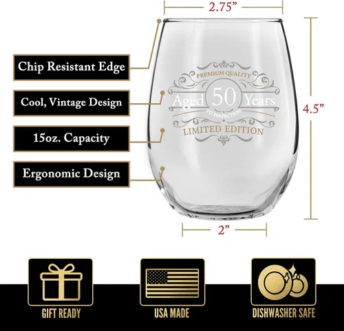 Vista 2 de DU VINO Copa de vino sin tallo de edición vintage para hombres y mujeres (50 aniversario) de 15 onzas, copas de vino de feliz cumpleaños para niños