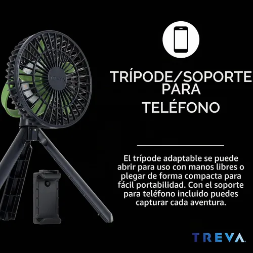 Vista 3 de Treva - Ventilador de trípode de 5 pulgadas con luz y soporte para teléfono recargable de 3 velocidades
