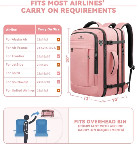 Vista 6 de AREYTECO Mochila de viaje para mujer, mochila de mano expandible de 50 L Amourpink