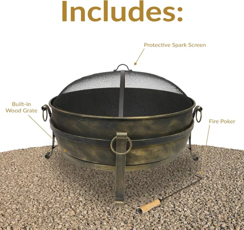 Vista 3 de Sunnydaze - Fogata grande de 34 pulgadas para exteriores - Cuenco de fogata que quema leña para exteriores con pantalla contra chispas, atizador