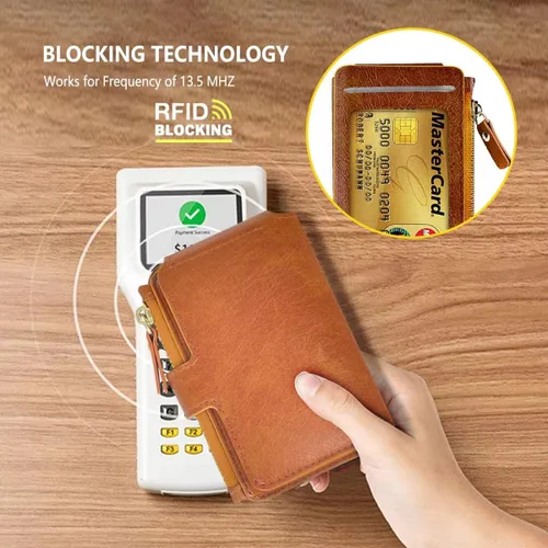 Vista 9 de Cartera con llavero, tarjetero con bloqueo RFID de piel, funda para tarjetas de crédito con cremallera para mujer, Marrón, Multifunción