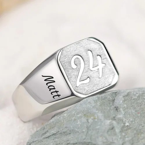 Vista 4 de PETEANEY Anillos de sello personalizados para hombres, plata de ley grabados personalizados, número año, letra cuadrada, anillo de pulgar meñique