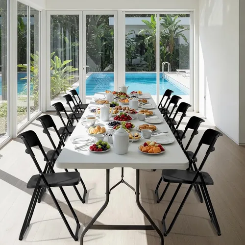 Vista 8 de 10pcs Ergonomic Black Plastic Folding Chairs with Iron Frame – Sturdy Stackable Folding Chairs for Indoor and Outdoor Use, Perfect for Family