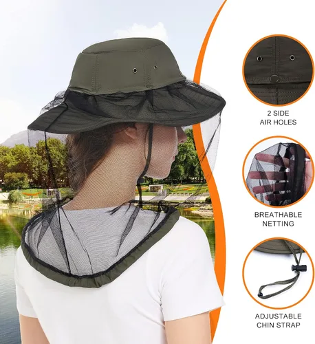 Vista 4 de Mosquito Head Net Hat - Bug Cap UPF 50+ Sun Protection with Hidden Netting for Beekeeping Hiking Women