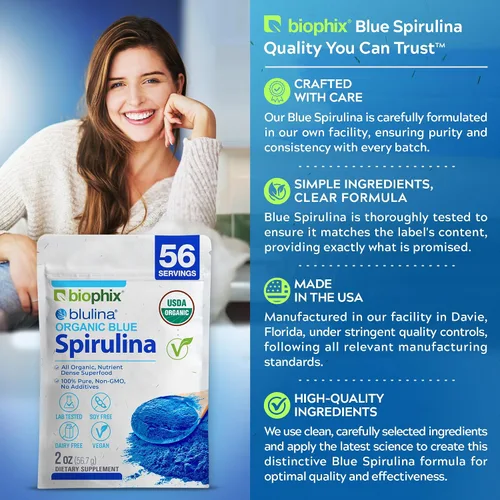 Vista 7 de biophix Blue Spirulina en polvo orgánico Blulina 2 onzas – Algas espirulina orgánica en polvo 56 porciones – Suplemento superalimenticio – Pigmento