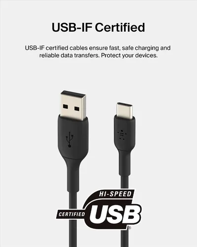 Vista 3 de Belkin Cable USB C a USB A, 3.3 pies, 15 W, cargador tipo C, cable de carga de iPhone para iPhone 16, Galaxy S25, Pixel 9, AirPods, iPad Pro, Negro