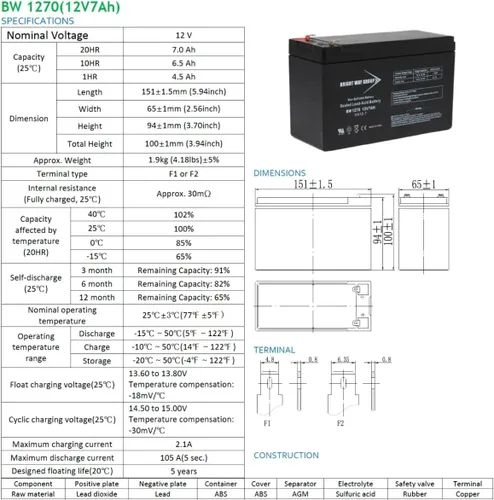 Vista 7 de Long Way LW-6FM6 - Batería compatible con SLA, 12V 7Ah F1 BW1270-F1