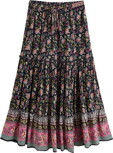 Vista 27 de Milumia Women Boho Vintage Floral Print Long Skirt Summer Tiered Maxi Skirt
