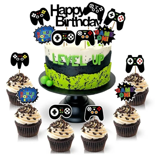 Vista 11 de Decoración para Tarta de Videojuego - Decoración de Tarta de Juego de Cartón Brillante para Jugadores, Diseño Llamativo, Instalación Firme y Fácil
