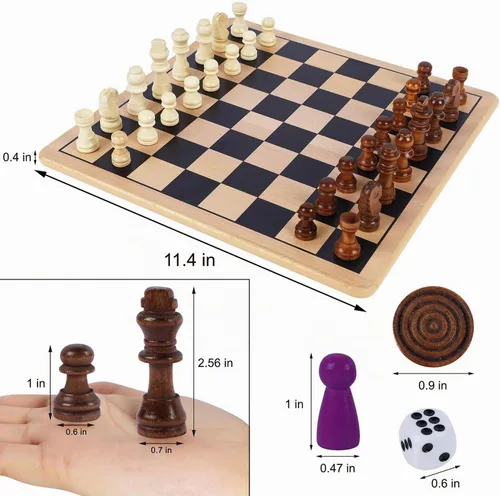 Vista 5 de Glintoper Juego de Mesa de Madera 5 en 1 con 2 Tableros Reversibles para Ajedrez, Damas, Damas Chinas, Serpientes y Escaleras, Tic Tac Toe, Combo