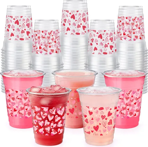 Vista 11 de Qinyoung 100 vasos de plástico con lazo rosa de 12 onzas, vasos desechables de coqueta, lazo rosa y corazón, vasos de plástico transparente
