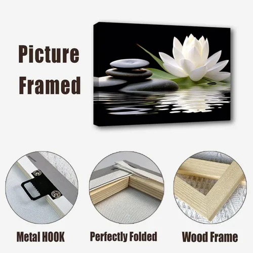 Vista 6 de LZIMU Lienzo decorativo para pared, diseño de loto blanco y piedras zen negras que florecen en el agua, impresiones de imágenes para yoga, spa