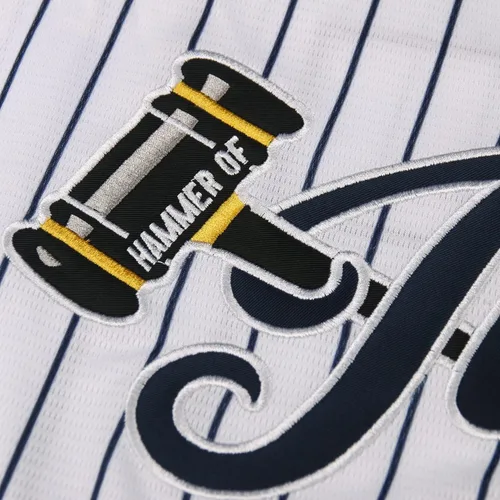 Vista 5 de 99 Parches bordados de jersey de béisbol Jersey blanco cosido con rayas azul marino