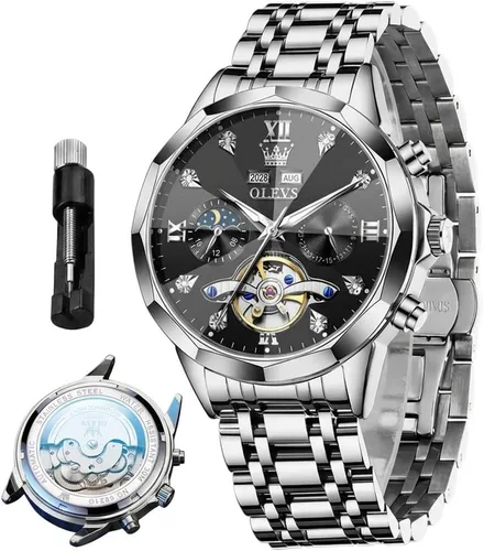 Vista 18 de OLEVS Relojes automáticos para hombre, reloj mecánico de lujo con cuerda automática, Tourbillon, reloj de esqueleto, reloj de negocios con diamantes