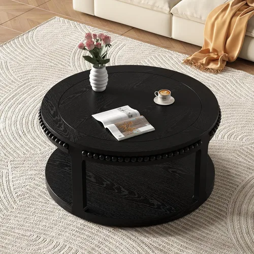Vista 4 de WILLIAMSPACE Mesa de centro redonda de madera maciza de 31.5 pulgadas con parte superior gruesa de dos niveles, mesa central de madera moderna, mesa