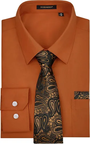 Vista 65 de HISDERN Mens Dress Shirt with Tie Pocket Square Set Classic Button Down Shirt Matching Tie Long Sleeve Shirts 08-verde