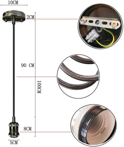 Vista 2 de Kit de luz colgante vintage estilo industrial retro moderno E27 Base lámpara titular de tela cable de techo rosa colgante cable luz conjunto Negro
