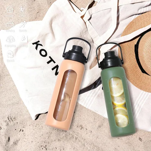 Vista 5 de Botella de agua Kodrine con pajita, botella de vidrio de 24 oz con 2 tapas, una de pajita de bambú y otra con pico y asa, botella de vidrio