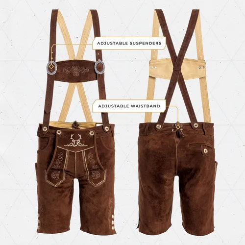 Vista 2 de BAVARIA TRACHTEN Lederhosen - Lederhosen alemán auténtico para hombre, traje de Oktoberfest, color marrón oscuro