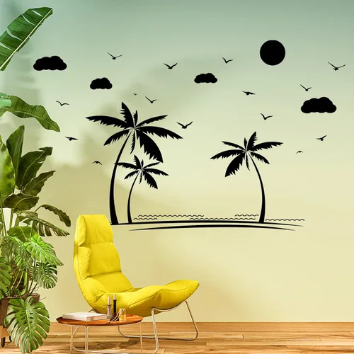 Vista 3 de PLIGREAT Calcomanías de pared de playa, calcomanías de pared de gaviotas de cocoteros, calcomanías artísticas para despegar y pegar para decoración