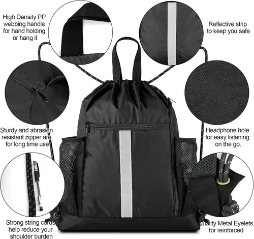 Vista 6 de BeeGreen Mochila deportiva con cordón y compartimento para zapatos y dos soportes para botellas de agua
