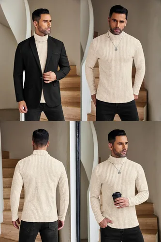 Vista 4 de Ekouaer Camisetas de cuello alto para hombre, camisa de manga larga, térmicas, ligeras, de capa base, acanaladas, suéteres sin botones, tallas S-XXL