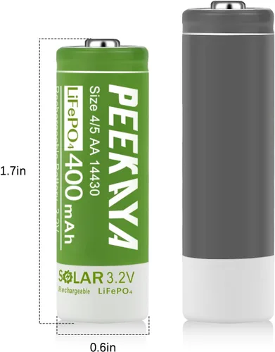 Vista 2 de Paquete de 4 baterías recargables 14430 LifePo4 3.2V 400mAh para luz solar de jardín exterior (1.7 pulgadas), ecológica y segura