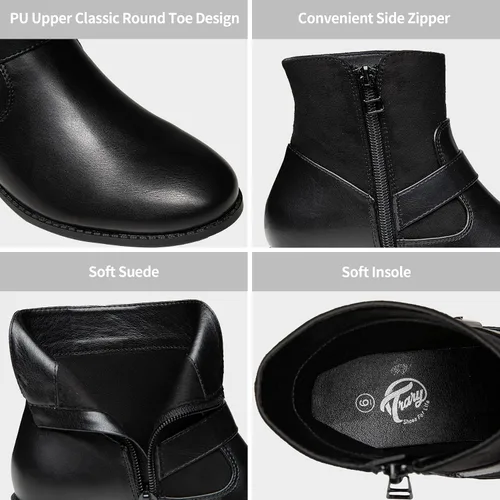 Vista 4 de Trary Botines para mujer, punta redonda, tacón bajo, botines con cremallera lateral, botines de invierno con hebilla, con forro polar