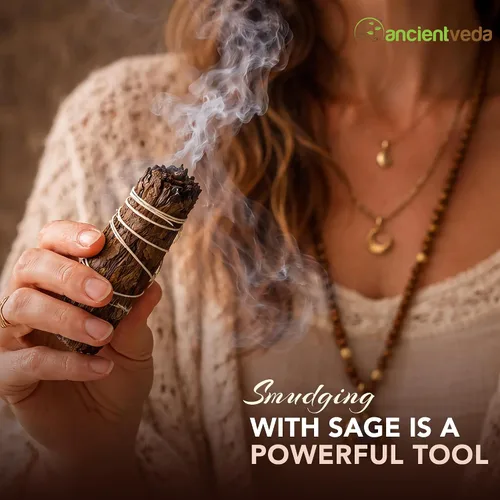 Vista 5 de Ancient Veda Manojos de salvia negra de 4 pulgadas con guía de inicio, salvia floral orgánica para limpieza del hogar, paquete grande de palos
