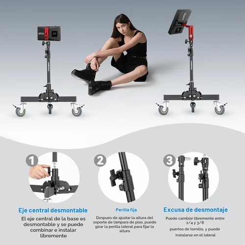 Vista 7 de AMBITFUL Soporte de luz de fotografía con ruedas de 21-31.9 pulgadas con altura ajustable, diseño plegable y 3 ruedas de bloqueo para disparos