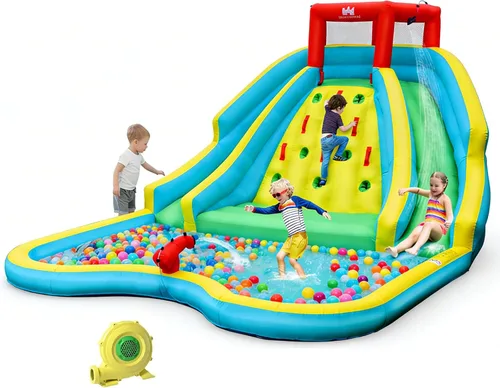 Vista 12 de BOUNTECH Parque inflable de tobogán acuático con dinosaurio, parque acuático de toboganes dobles con pared de escalada, castillo animoso