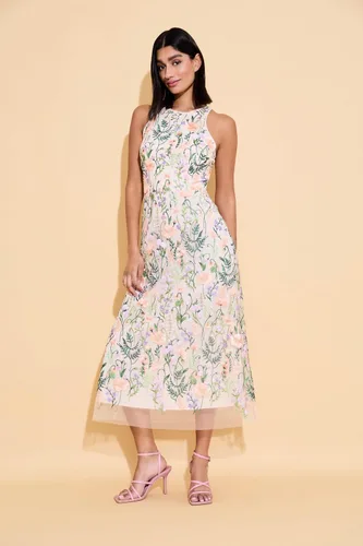 Vista 7 de Maggy London Vestido midi con cuello halter bordado floral con cuello en V en la espalda