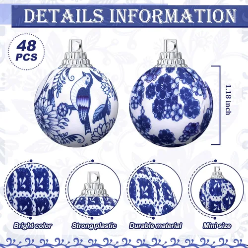 Vista 3 de Preboun 48 Piezas Adornos de Bolas Navideñas Chinoiserie Azul y Blanco Decoración de Árbol Chinoiserie Adornos Colgantes para Árbol de Navidad