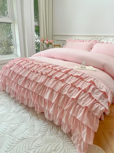 Vista 3 de MOOWOO Ropa de cama para niñas – Funda de edredón con volantes en cascada – 2 piezas Shabby Chic Color sólido suave y transpirable con cierre de Rosa