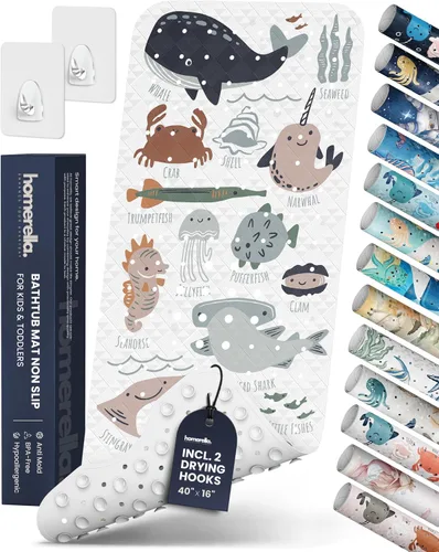 Vista 12 de Homerella - Alfombrilla de baño antideslizante y antideslizante para niños, 40 x 16 pulgadas, sin BPA, incluye 2 ganchos, tapete de ducha lavable