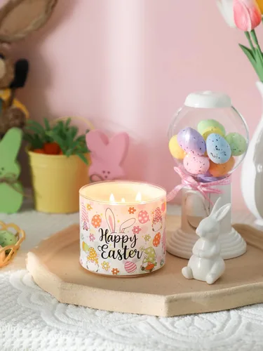 Vista 3 de Velas de conejo de Pascua, vela perfumada de jazmín de Pascua, 14 onzas, tarro grande de 3 mechas, regalo de velas de conejo de primavera