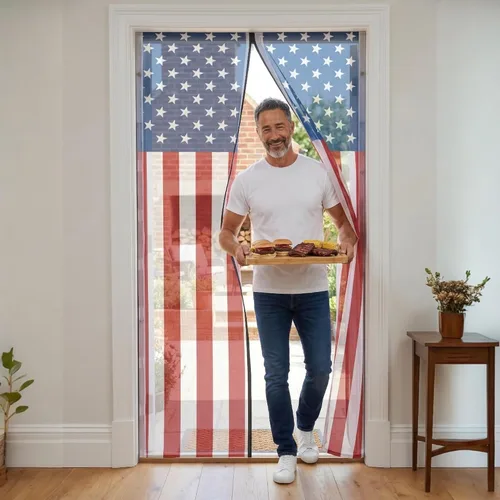 Vista 2 de Puerta mosquitera magnética con bandera de Estados Unidos, cortina de malla resistente de 40 x 85.5 pulgadas para patio y porche, cierre magnético
