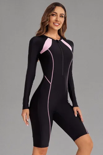 Vista 7 de ECUPPER Traje de baño de una pieza de manga larga para mujer, con cierre Boyleg, protector de erupción, cobertura de traje de baño de surf, traje