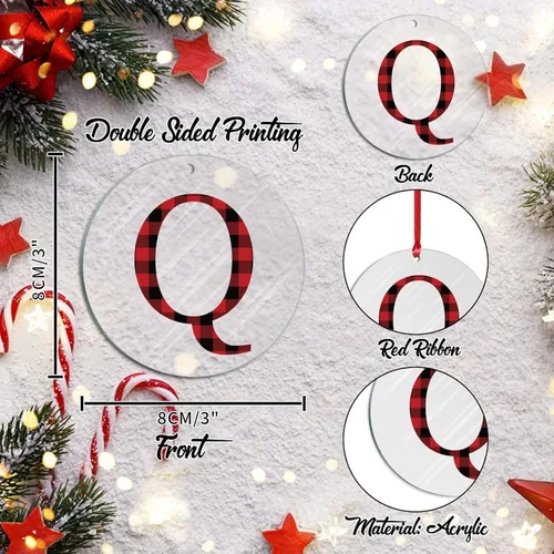 Vista 3 de Adorno de Navidad con monograma personalizado de la letra Q de Navidad, a cuadros rojos y negros, decoraciones de árbol de Navidad, adornos