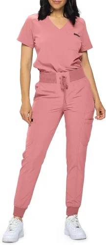 Vista 15 de Monarch Uniforms Slim Fit Stretchy Scrubs Women's Jogger Scrub Set Slim Jogger Scrubs with Tuck-In Top for Women Negro