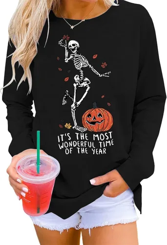 Vista 2 de YI XIANG RAN Sudadera de Halloween para mujer, diseño de esqueletos, estilo vintage, informal, holgada, cuello redondo, sin botones