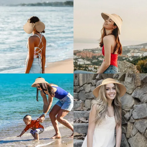 Vista 7 de NPQQUAN Sun Visor Hats for Women Wide Brim Ponytail Straw Beach Hat Packable Foldable UPF 50+ Floppy Travel Hats